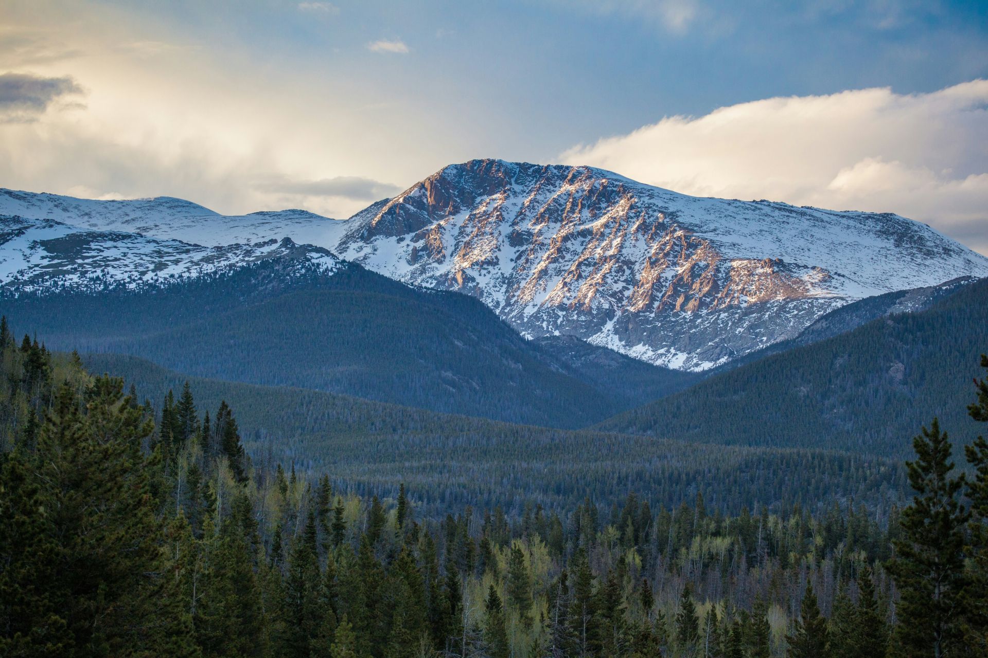 A snow-capped mountain peak illuminated by warm golden light rising above a vast pine forest valley under a dramatic cloudy sky