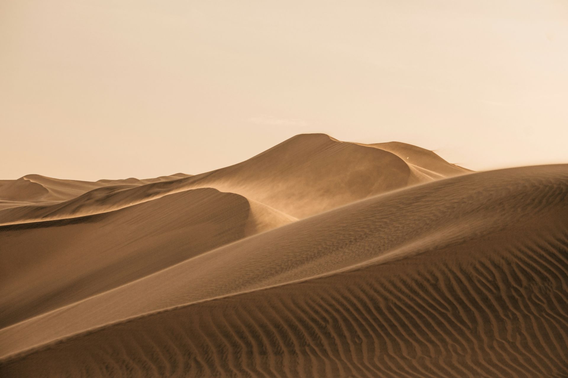 Sweeping golden sand dunes with rippled wind patterns in the foreground and larger dune formations receding into a hazy pale sky